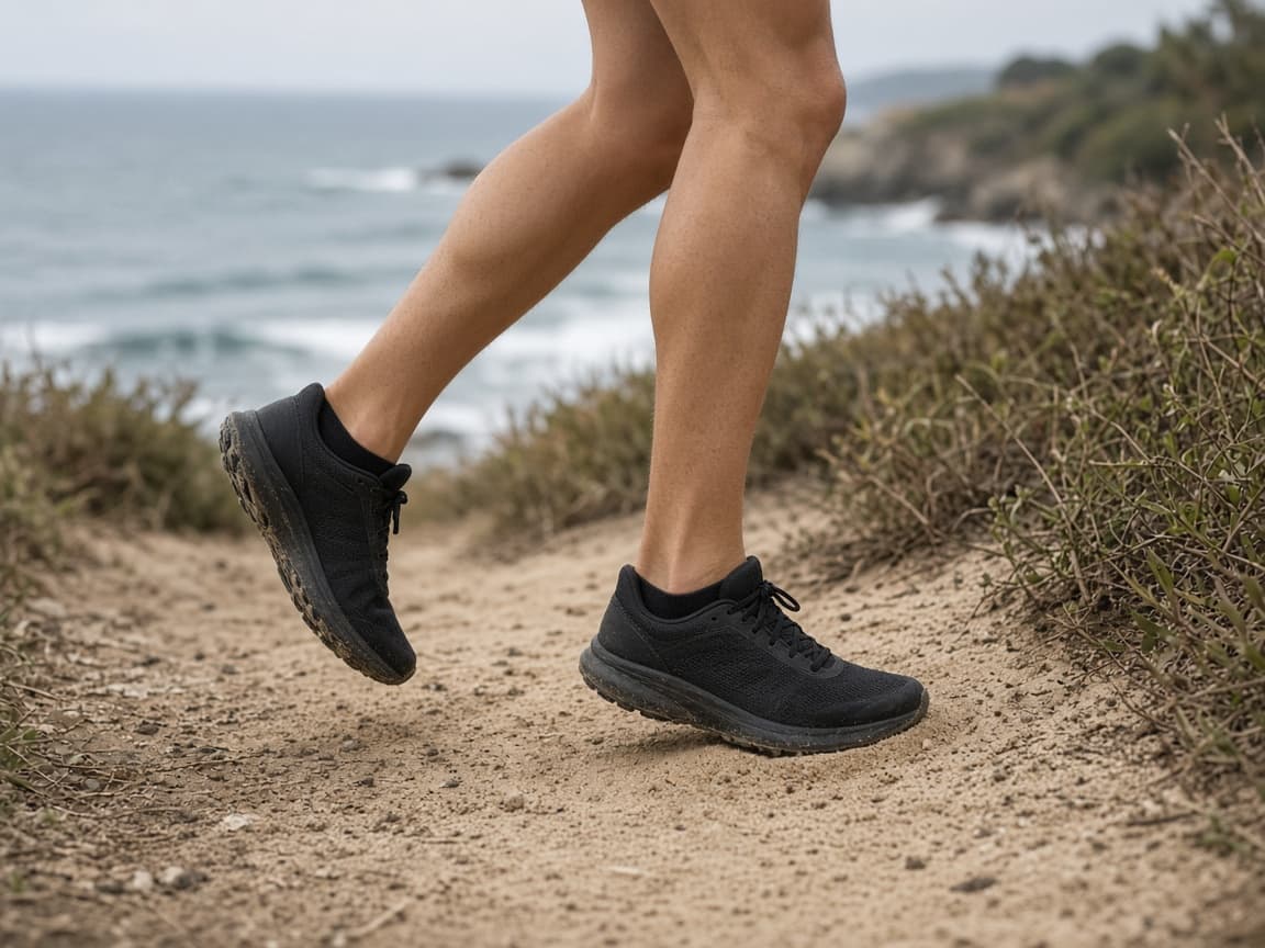 Close-up of a runner’s stride and footwear on a coastal trail