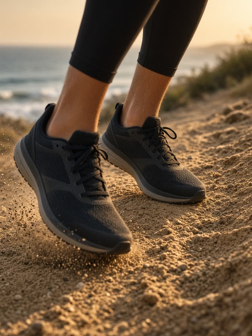 Close-up of running shoes on a coastal trail
