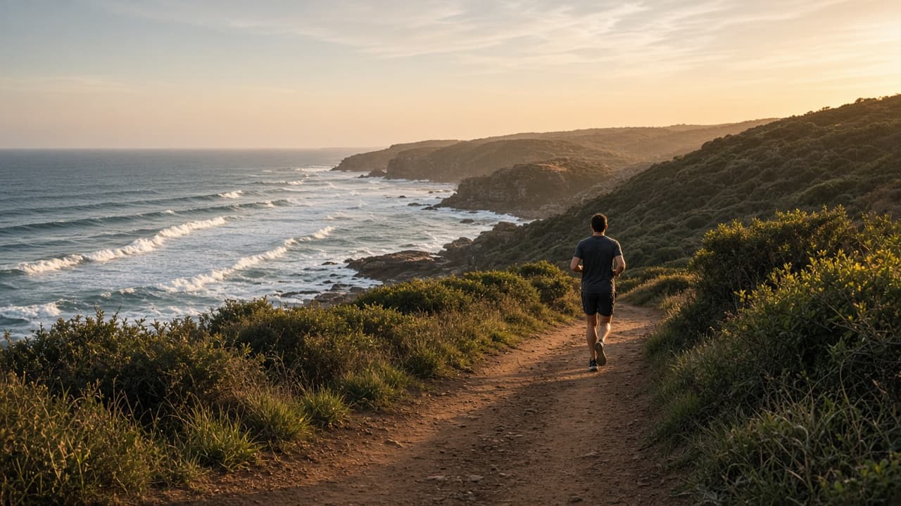 A runner on a coastal trail overlooking the ocean at golden hour